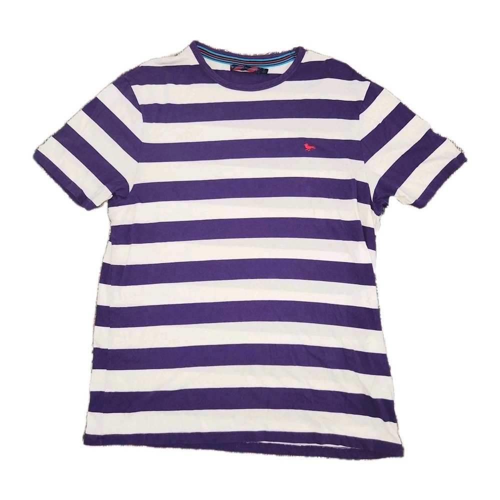 Modern‎ Amusement Y2K Purple & White Stripe T-Shirt Sz L 100% Cotton TINY STAIN